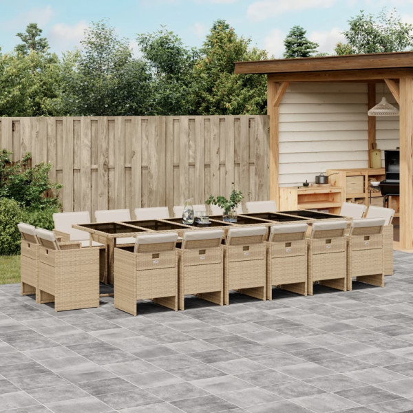 17 pcs conjunto de jantar p/ jardim c/ almofadões vime PE bege D