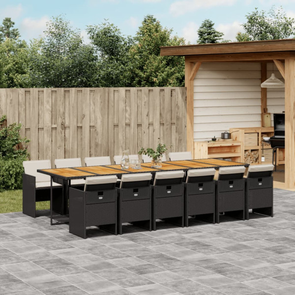 13 pcs conjunto de jantar p/jardim com almofadões vime PE preto D