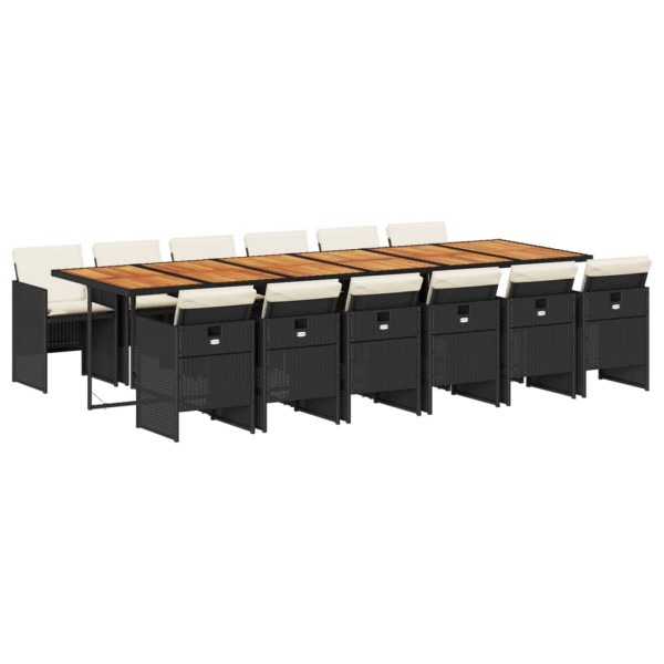 Set comedor de jardín con cojines 13 pzas ratán sintético negro M 2