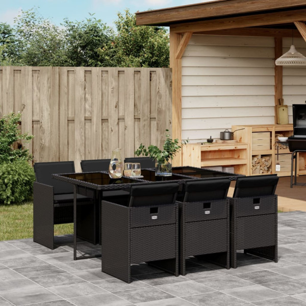 7 pcs conjunto de jantar p/ jardim c/ almofadões vime PE preto D