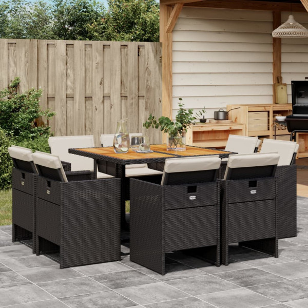 9 pcs conjunto de jantar p/ jardim c/ almofadões vime PE preto D