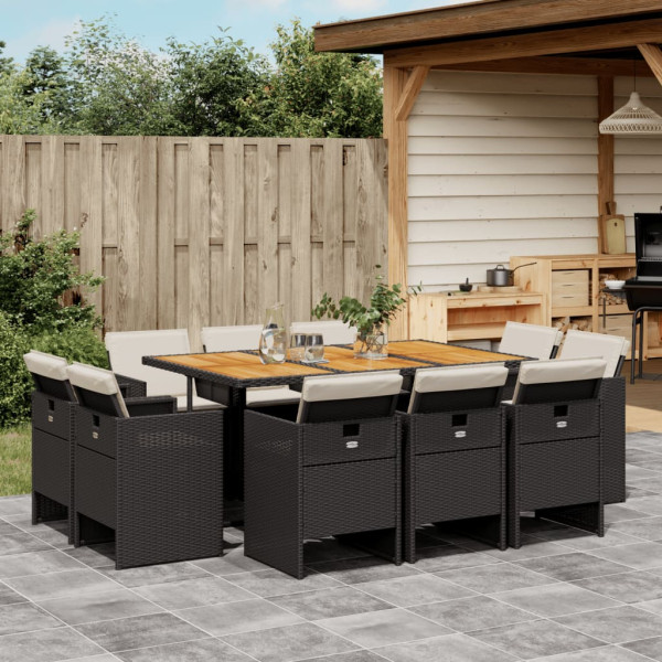 11 pcs conjunto de jantar p/ jardim c/ almofadões vime PE preto D