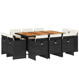 Set de comedor jardín 11 pzas con cojines ratán sintético negro H