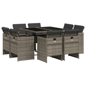 Set comedor jardín 9 pzas y cojines ratán sintético gris H