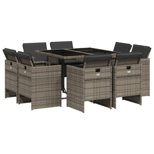 Set comedor jardín 9 pzas y cojines ratán sintético gris M 2