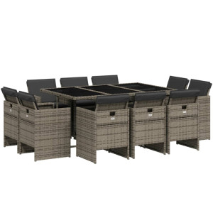 Set de comedor de jardín 11 pzas y cojines ratán sintético gris H