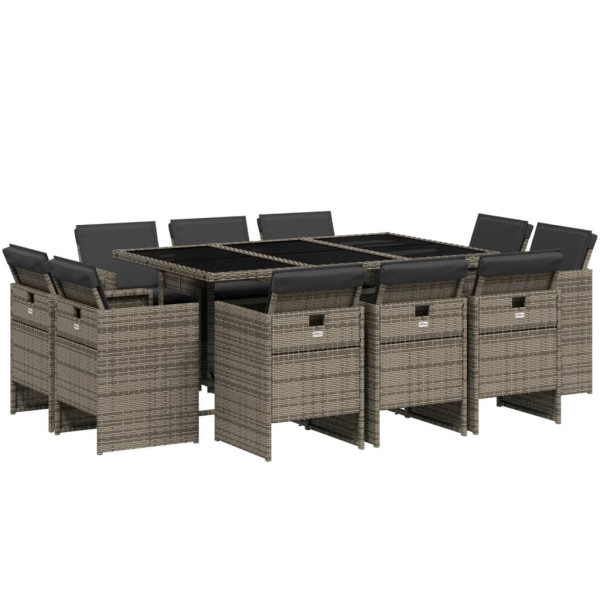 11 pcs conjunto jantar p/ jardim c/ almofadões vime PE cinzento M 2