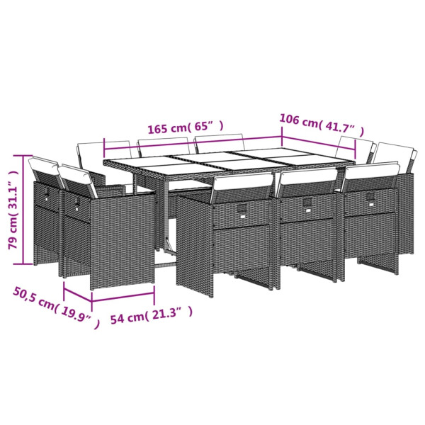 Set de comedor de jardín 11 pzas y cojines ratán sintético gris M 5