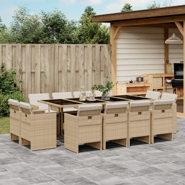 13 pcs conjunto de jantar p/ jardim com almofadões vime PE bege D