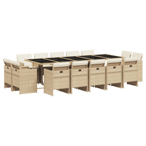 Set comedor de jardín con cojines 15 pzas ratán sintético beige H