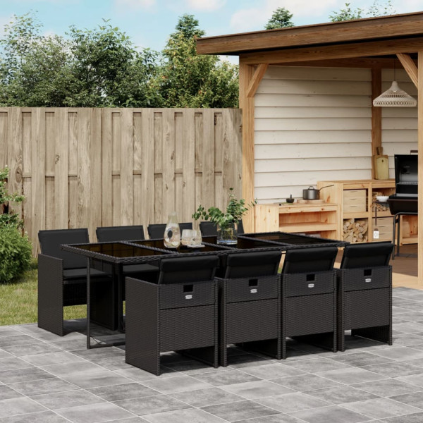 9 pcs conjunto de jantar p/ jardim c/ almofadões vime PE preto D