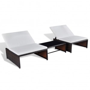 Cadeiras jardim reclináveis 2 pcs c/ mesa vime PE castanho H