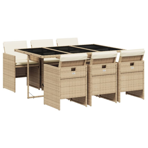 7 pcs conjunto de jantar p/ jardim com almofadões vime PE bege M 2