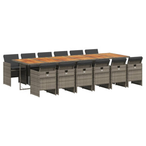 Set comedor de jardín con cojines 13 pzas ratán sintético gris H