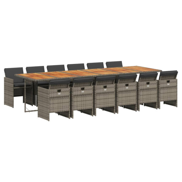 Set comedor de jardín con cojines 13 pzas ratán sintético gris M 2