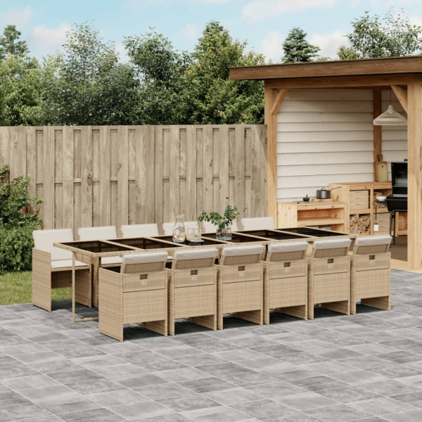 13 pcs conjunto de jantar p/ jardim com almofadões vime PE bege D
