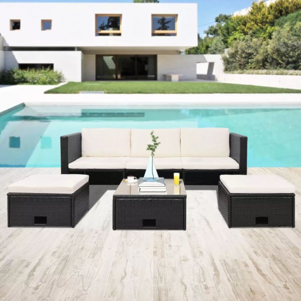 4 pcs conjunto lounge de jardim c/ almofadões vime PE preto D