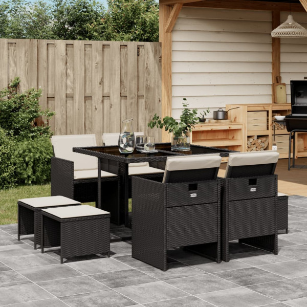 9 pcs conjunto de jantar p/ jardim c/ almofadões vime PE preto D