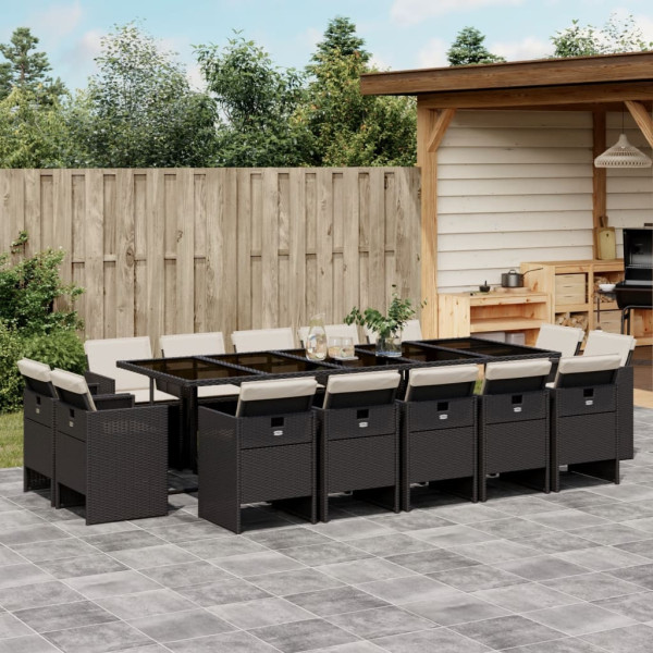15 pcs conjunto de jantar p/jardim com almofadões vime PE preto D