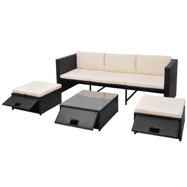 4 pcs conjunto lounge de jardim c/ almofadões vime PE preto M 3