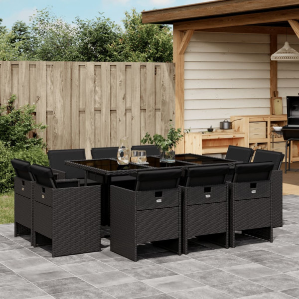 11 pcs conjunto de jantar p/ jardim c/ almofadões vime PE preto D