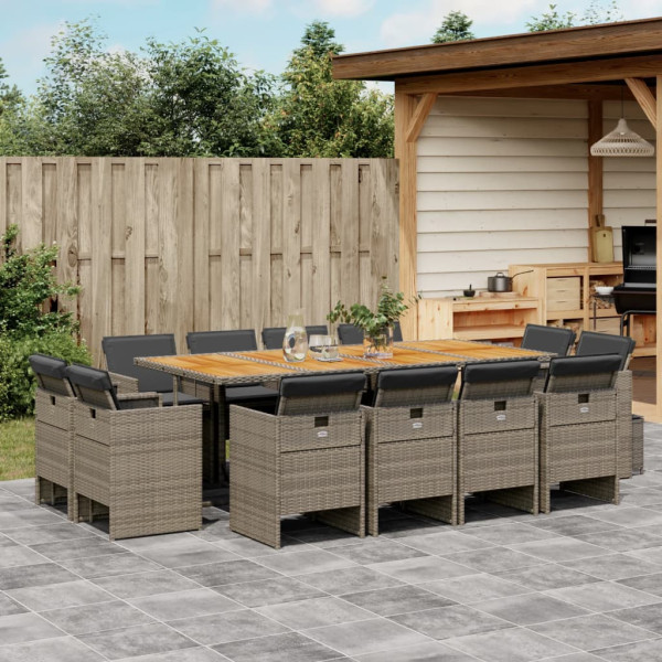 13 pcs conjunto jantar p/ jardim c/ almofadões vime PE cinzento D