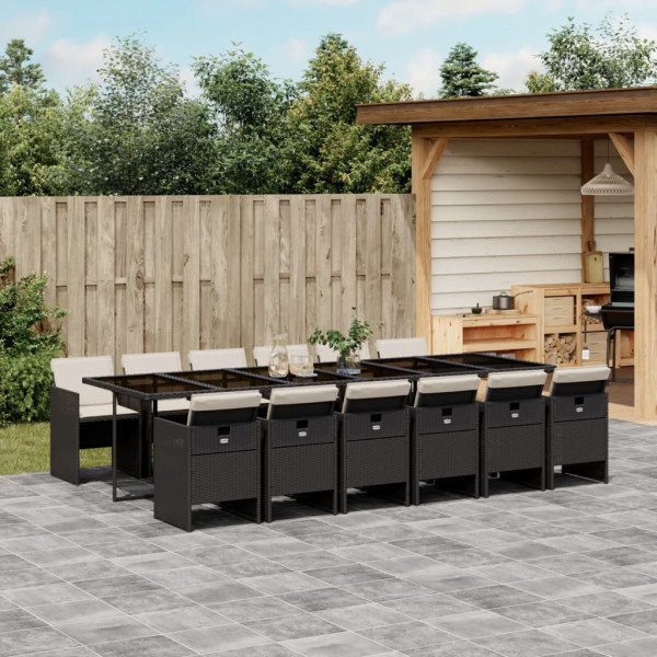 Set comedor de jardín con cojines 13 pzas ratán sintético negro D