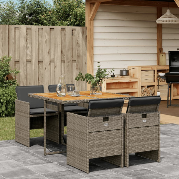 5 pcs conjunto de jantar p/ jardim c/ almofadões vime PE cinza D