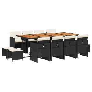 Set comedor de jardín con cojines 13 pzas ratán sintético negro H