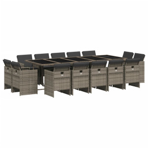Set comedor de jardín con cojines 15 pzas ratán sintético gris H