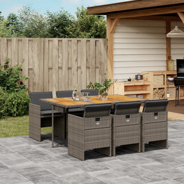 7 pcs conjunto de jantar p/ jardim c/ almofadões vime PE cinza D