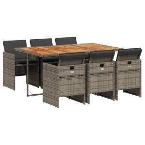 Set comedor jardín 7 pzas y cojines ratán sintético gris H