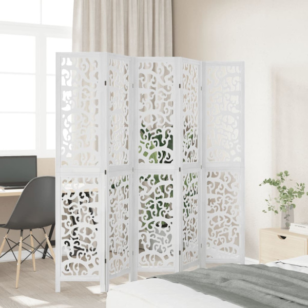Biombo separador de 5 paneles madera maciza Paulownia blanco M 3