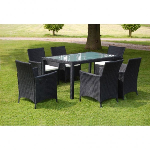 Set comedor de jardín 7 piezas y cojines ratán sintético negro D