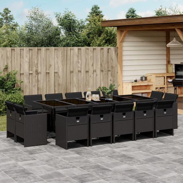 Set comedor de jardín con cojines 15 pzas ratán sintético negro D