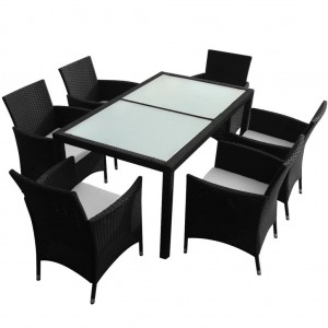7 pcs conjunto jantar exterior com almofadões vime PE preto H