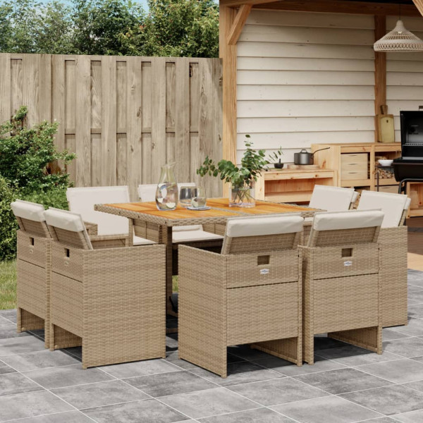 9 pcs conjunto de jantar p/ jardim com almofadões vime PE bege D
