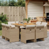 9 pcs conjunto de jantar p/ jardim com almofadões vime PE bege 1