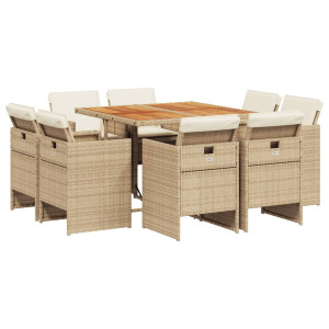 Set comedor de jardín 9 pzas con cojines ratán sintético beige H