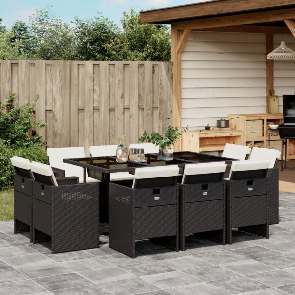 11 pcs conjunto de jantar p/ jardim c/ almofadões vime PE preto D