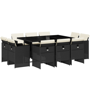 Set de comedor jardín 11 pzas con cojines ratán sintético negro H