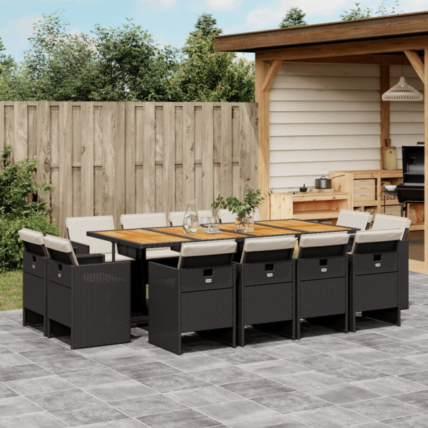 13 pcs conjunto de jantar p/jardim com almofadões vime PE preto D