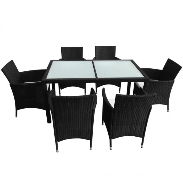 7 pcs conjunto jantar exterior com almofadões vime PE preto M 4