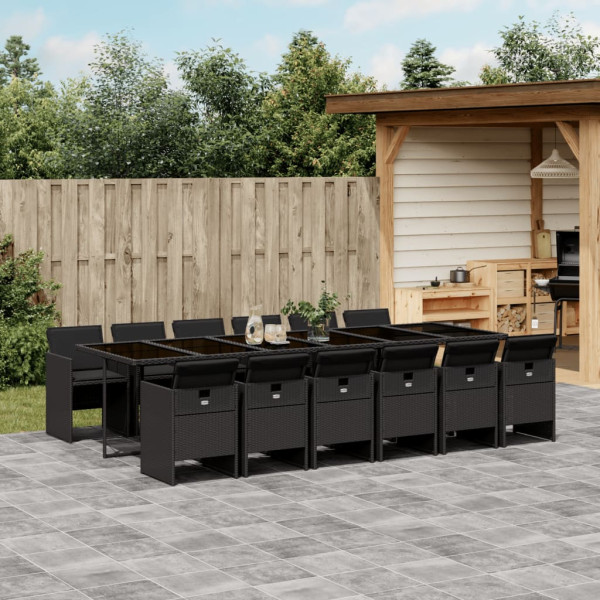 13 pcs conjunto de jantar p/jardim com almofadões vime PE preto D
