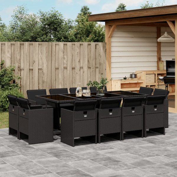 13 pcs conjunto de jantar p/jardim com almofadões vime PE preto D