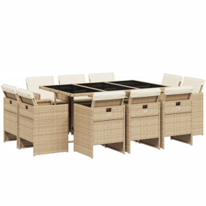 Set comedor de jardín 11 pzas con cojines ratán sintético beige H
