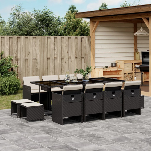 13 pcs conjunto de jantar p/jardim com almofadões vime PE preto D