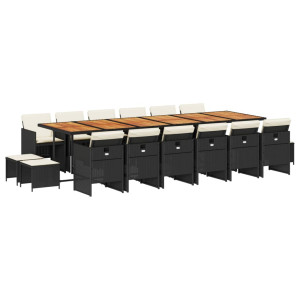 Set de muebles jardín 17 pzas con cojines ratán sintético negro H