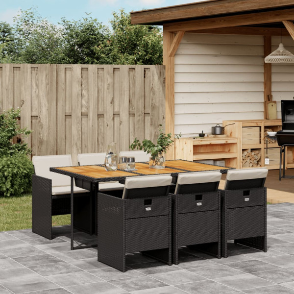 7 pcs conjunto de jantar p/ jardim c/ almofadões vime PE preto D