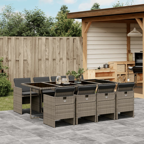 9 pcs conjunto de jantar p/ jardim c/ almofadões vime PE cinza D